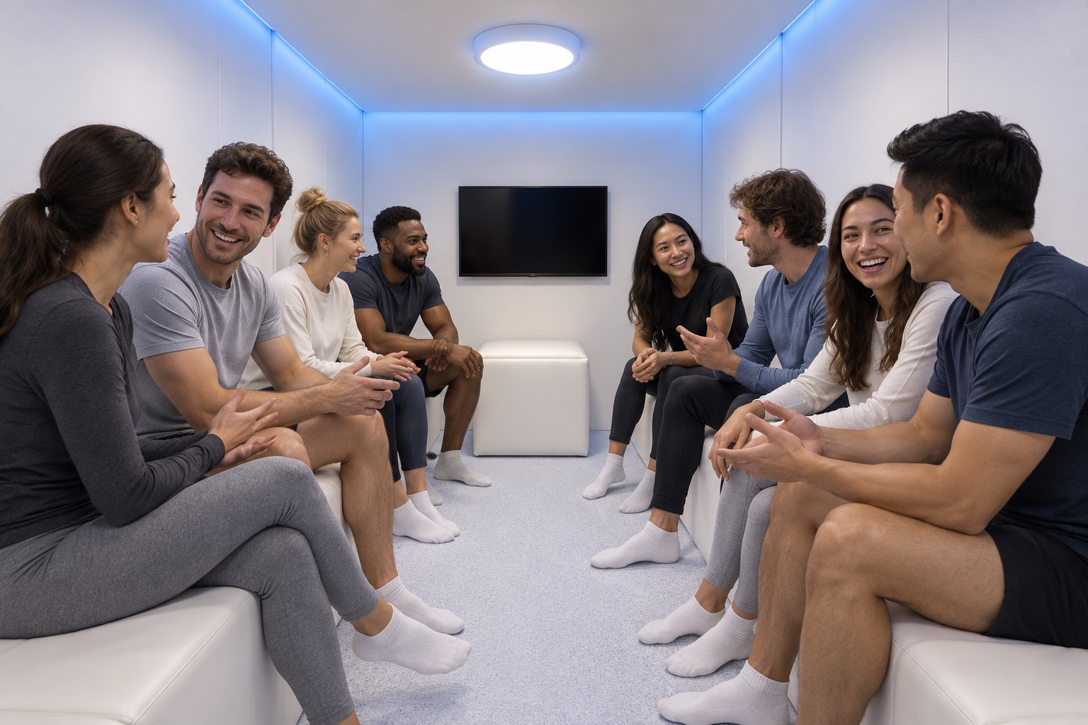 AI concept of eight adults talking with each other inside a white group chamber with a television on the end wall